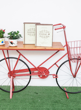 铁艺自行车摆件落地花架咖啡馆橱窗陈列品酒吧台装饰实木桌子