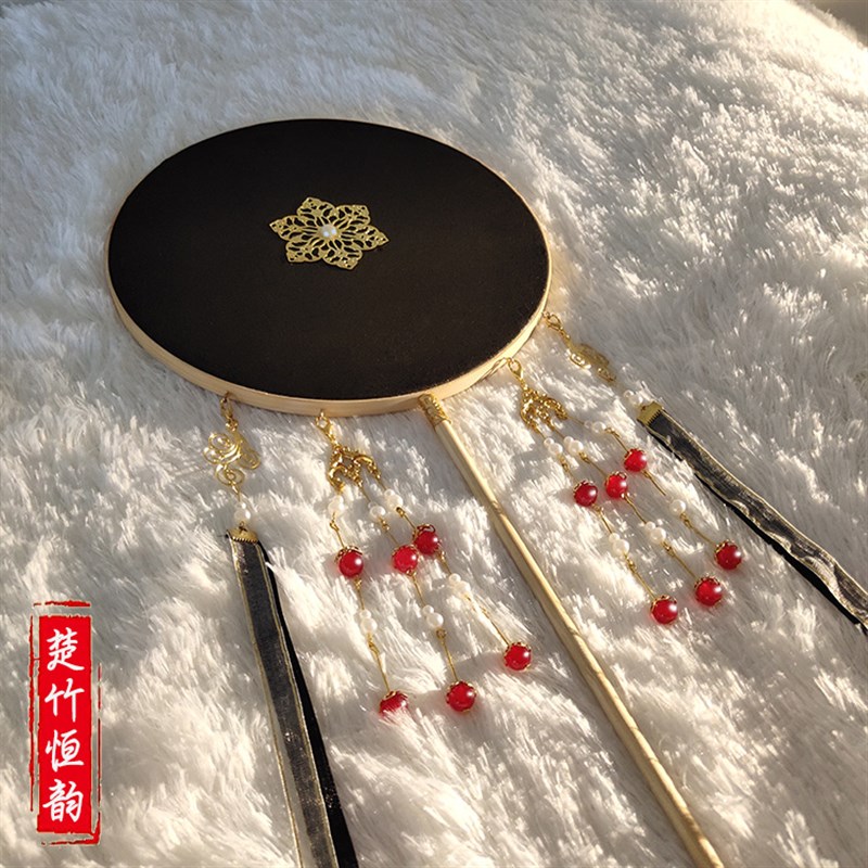 古风成品长柄团扇流苏DIY材料包扇子汉服女中国风舞蹈扇镂空lo - 图1