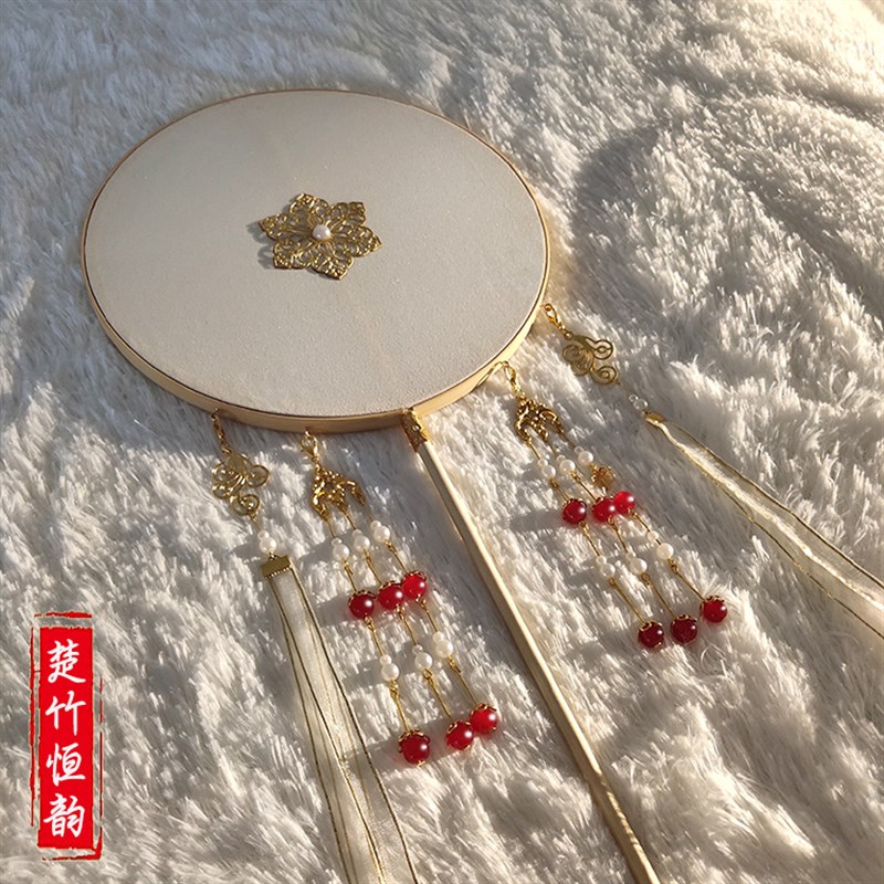 古风成品长柄团扇流苏DIY材料包扇子汉服女中国风舞蹈扇镂空lo - 图0