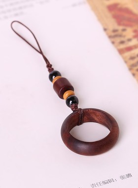 小叶紫檀木质戒指环手机链钥匙扣吊坠挂件男女手机挂绳链