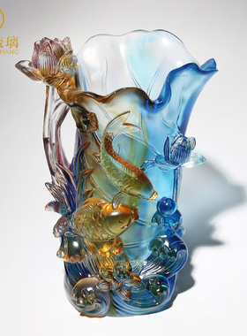 琉璃荷花花瓶鱼摆件家居客厅玻璃饰品乔迁新居礼品高档轻奢