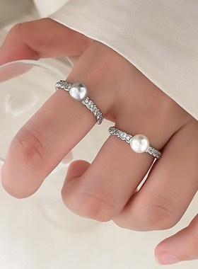 食指珍珠戒指女款洋气小众设计适合手指粗胖手的大号大码胖mm开口