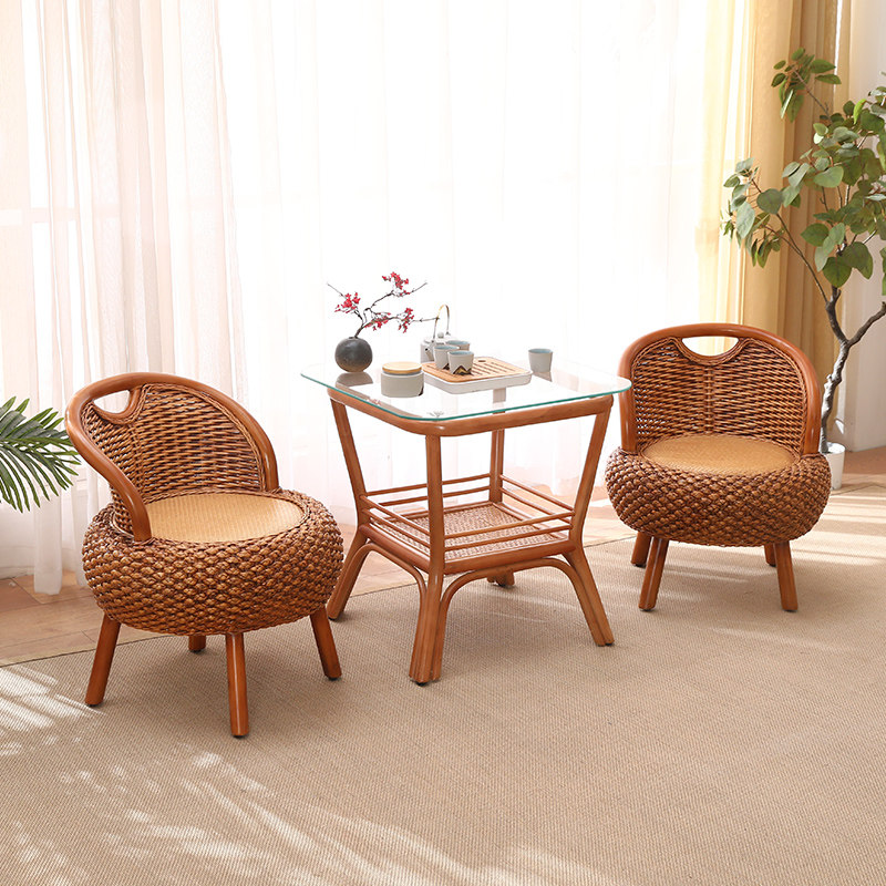 藤编小藤椅家用阳台实木单人靠背椅矮凳三件套新中式日式凳子椅子,淘宝优惠券,粉丝福利购,淘宝优惠卷