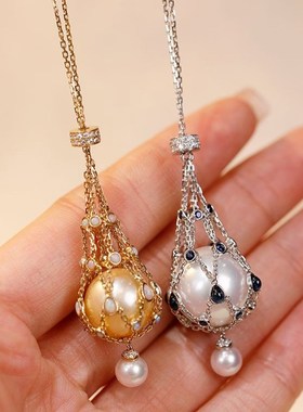 金色珍珠吊坠网兜项链秋冬女士高颜值小众设计气质毛衣链女高级感