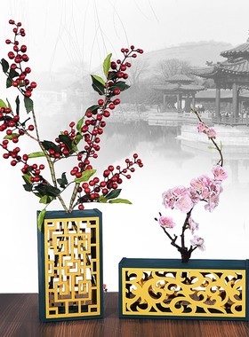 新中式家居饰品客厅装饰品轻奢高档博古架电视柜玄关木雕摆件