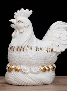 陶瓷生肖公鸡母鸡摆件一对招财风水镇宅补角吉祥物红色瓷器工艺品