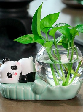 工位桌面熊猫花瓶摆件客厅插养绿萝透明玻璃器皿家居装饰品女