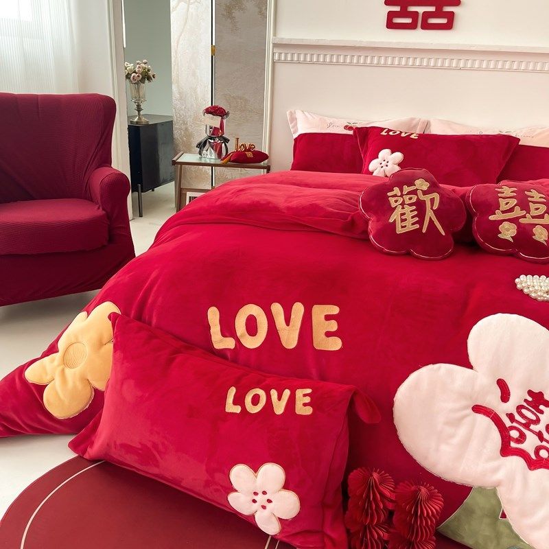 甜蜜欢喜贴布绣秋冬款红色法兰绒加厚床单,淘宝优惠券,粉丝福利购,淘宝优惠卷