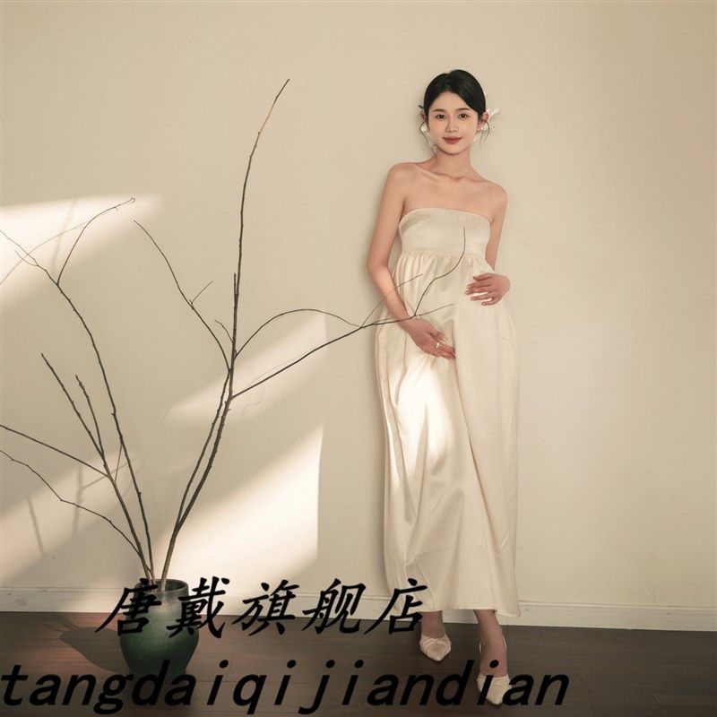 影楼高级感白色抹胸连衣裙新款孕妇拍照服装孕妈艺术写真摄影礼服,淘宝优惠券,粉丝福利购,淘宝优惠卷