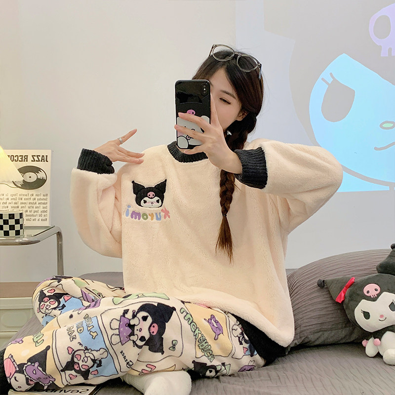 冬季款保暖大童睡衣女套头刺绣法兰绒加厚卡通可爱外穿家居服套装,淘宝优惠券,粉丝福利购,淘宝优惠卷