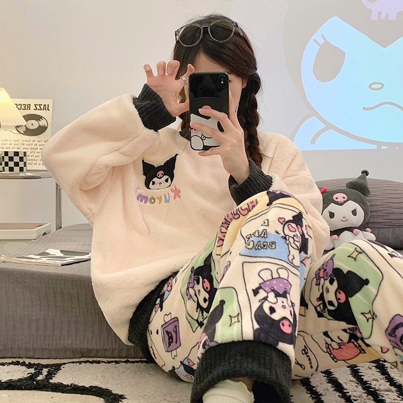 冬季款保暖大童睡衣女套头刺绣法兰绒加厚卡通可爱外穿家居服套装,淘宝优惠券,粉丝福利购,淘宝优惠卷