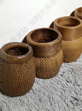 鱼篓粮食斗升钱袋帐篓民俗老物件收藏旧复古装饰摆饰老旧货竹编