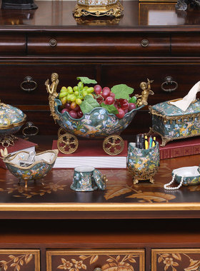 欧式陶瓷配铜花瓶纸巾盒烟灰缸水果盘创意客厅茶几套装装饰品摆件