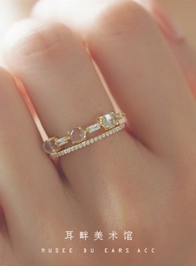 A水晶钻双层2023戒指指环女小众设计时尚个性高级感开口复古食指