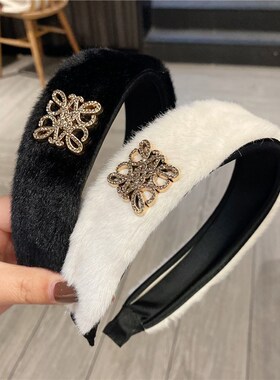 时尚毛绒发箍女秋冬外出百搭韩版可爱头箍宽边压发水钻头饰发卡子