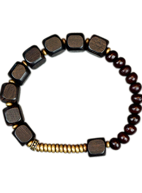 天然黑檀金曜石混搭木质佛珠手串p169复古黄铜配饰男士不规则手链