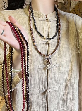 黑檀木多圈串珠手串女新中式复古手持文玩朱砂绿檀木手链情侣手饰