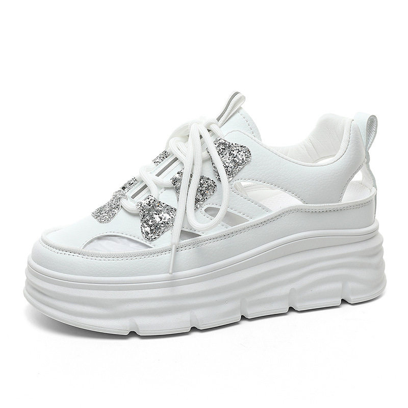 Baotou Sandals 2023 New Women's Summer Genuine Leather Hollow Wedge Heels Increased Thick Soles Hole White Shoes