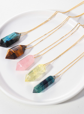 天然白水晶柱吊坠金色挂链女式简约双尖柱项链矿石饰品原石挂件