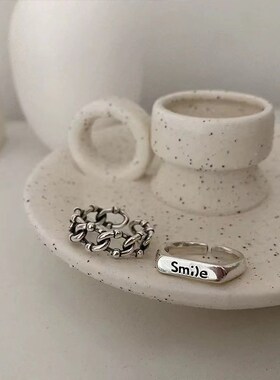 笑脸花边纯银戒指小众潮简约个性开口食指戒送女友生日情人节礼物