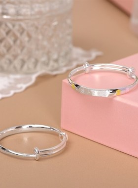 兔虎宝宝银手镯一对999纯银镯子推拉婴幼儿童满月周岁送小孩礼物