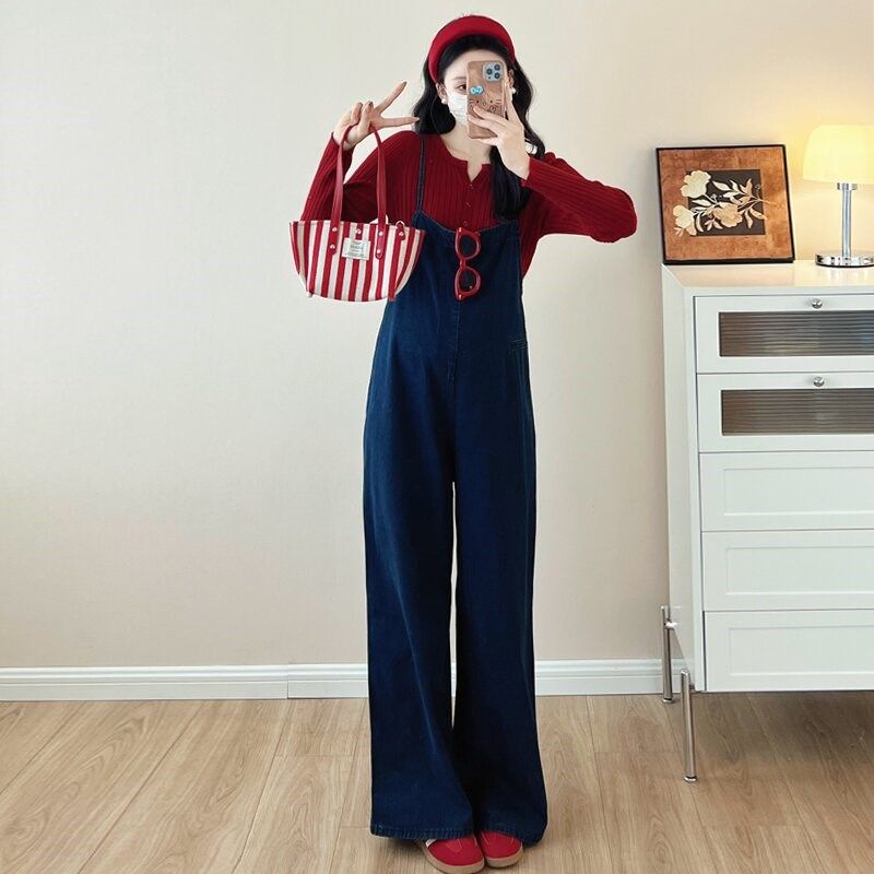 孕妇背带裤套装秋冬2024新款时尚洋气牛仔阔腿减龄背带裤两件套女,淘宝优惠券,粉丝福利购,淘宝优惠卷