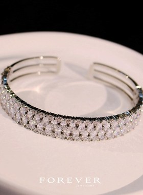 奢华小众满钻宽版排钻手镯手饰简约锆石百搭叠戴婚礼配饰开口镯子