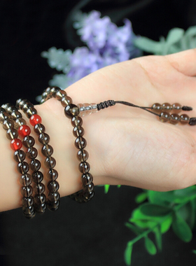 天然茶水晶手链男女108颗佛珠手串烟晶本命年情侣饰品