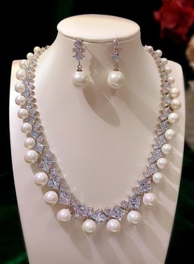 韩国气质方钻锆石珍珠双层项链耳环套装百搭婚纱礼服晚宴首饰耳夹