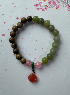 女士青玉绿檀木如意玛瑙手串青绿色珠子手串天然玉石玉髓国风手链