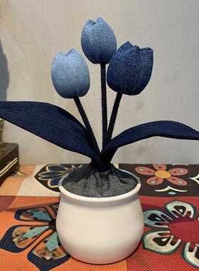 手工牛仔郁金香盆花活性炭底座摆件创意工艺品办公室桌面个性摆件