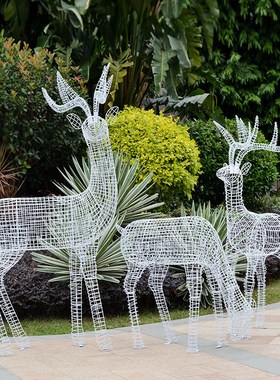户外不锈钢丝镂空梅花鹿雕塑园林景观公园售楼部发光铁艺动物摆件