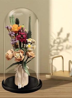 防尘玻璃罩适用10280玫瑰花积木花束摆件收纳展示盒