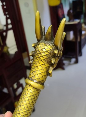 黄铜龙头杵 纯铜居家摆件摆y饰装饰品利家客厅书房摆设龙头杖