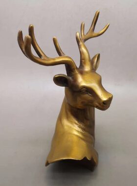 收藏仿古纯铜鹿头一鹿发财摆件福禄鹿头家居玄关客厅工艺品摆设
