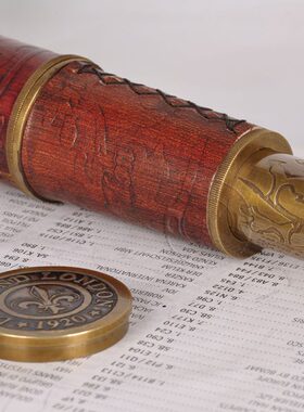 印度进口纯铜真皮礼盒望远镜单筒伸缩复古航海望远镜书房摆件装饰