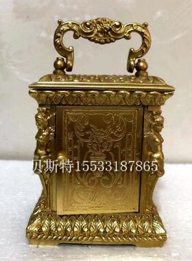 小皮套金色纯铜机械游丝摆轮马车钟把玩仿古董珐琅盘小钟表