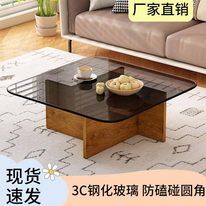 茶几轻奢现代简约方形意式钢化玻璃圆形茶桌小户型客厅家用极简桌 - 图1