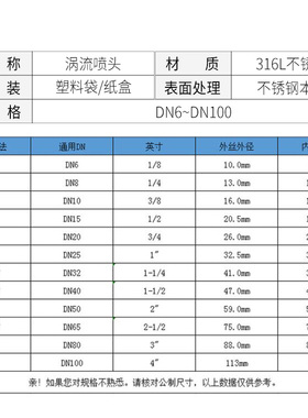 316L不锈钢涡流喷头 大流量除尘脱硫脱硝喷嘴 空心锥形喷头4分6分