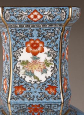 清乾隆珐琅彩粉蓝色花鸟六方花瓶中式博古架仿古瓷器做旧古董摆件