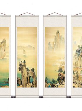 水墨画山水江南水乡国画丝绸画客厅壁画四条屏卷轴画梅兰竹菊莲蓬