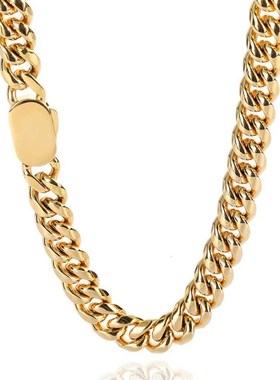 欧美嘻哈不锈钢圆磨加密古巴项链单边弹簧扣钛钢饰品男士项链