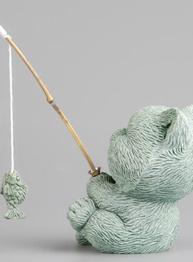 青砂石猫钓鱼茶宠鱼缸造景中式居家办公创意国潮精品动物装饰摆件