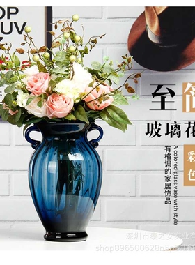 创意彩色花瓶摆件双耳玻璃花瓶彩色双耳水培花瓶欧式复古双耳花瓶
