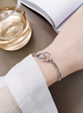 925银韩国复古小熊链条手链女个性简约双环圆环坦克链朋克手饰品