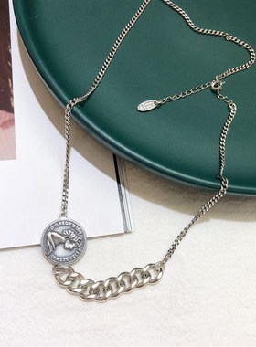 伊丽莎白美人头双面硬币S925纯银复古项链东大门女王头像坦克链