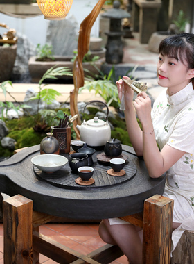 创意石磨茶d盘泡茶桌新中式禅意茶台功夫茶桌椅组合户外家用小茶