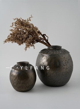 一匚 现代复古金属光泽陶瓷创意花器 样板间酒店会所客厅桌面摆件