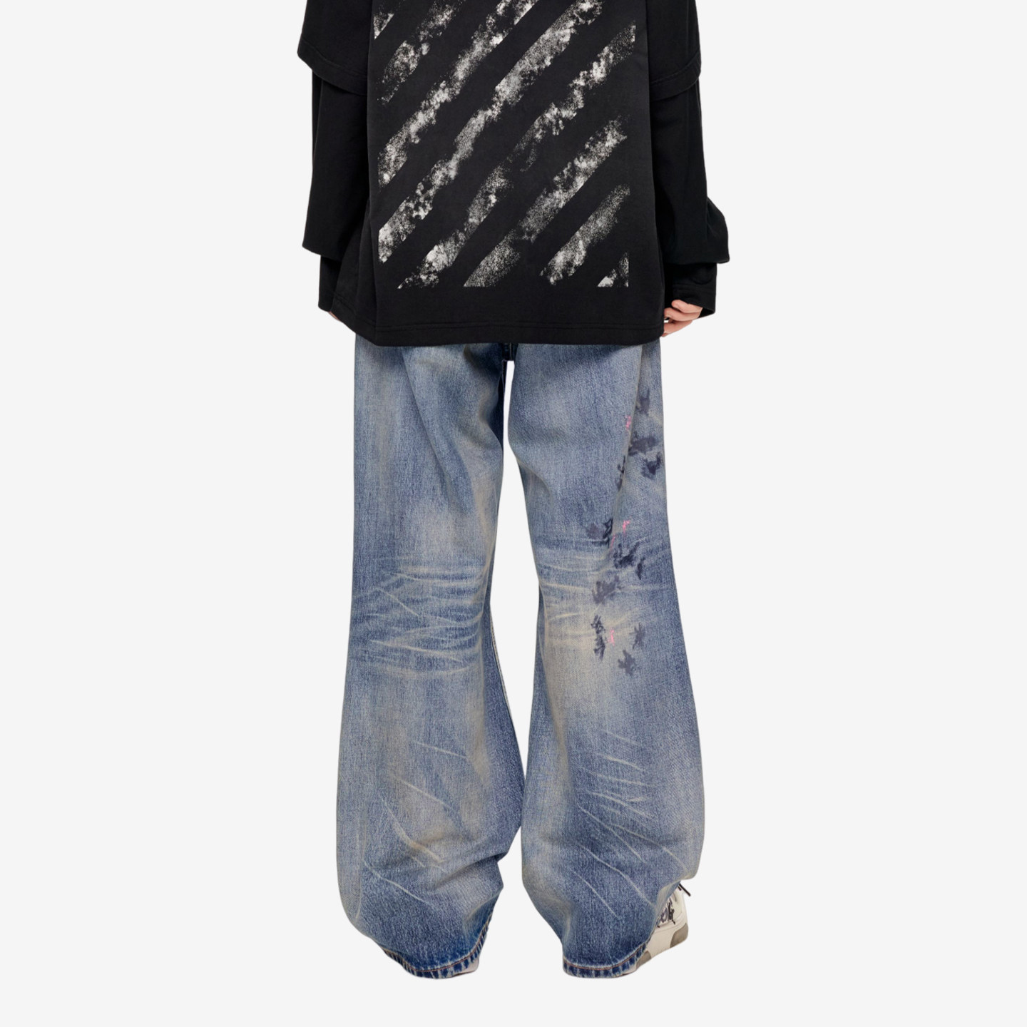 OFF-WHITE?情侣装新款破洞牛仔裤时尚街头磨白做旧长裤仔裤