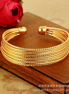 黄铜镀金手镯真空电镀仿黄金首饰品地摊货源多层开口线圈手环